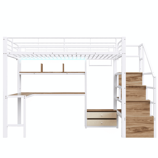 Cama alta 140x200 cm - estrutura em ferro, 2 gavetas, grelha para pendurar objetos, faixa de luz LED, secretária, escada com arrumação, sem colchão - branco