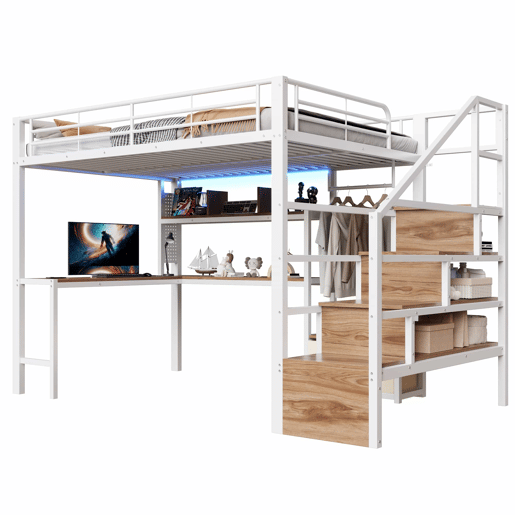 Cama alta 140x200 cm - estrutura em ferro, 2 gavetas, grelha para pendurar objetos, faixa de luz LED, secretária, escada com arrumação, sem colchão - branco