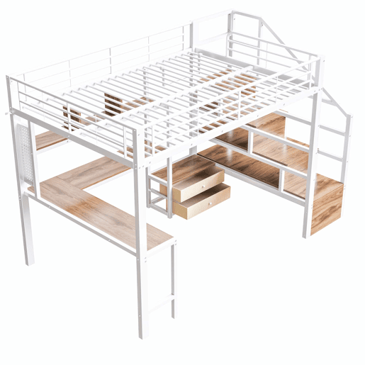 Cama alta 140x200 cm - estrutura em ferro, 2 gavetas, grelha para pendurar objetos, faixa de luz LED, secretária, escada com arrumação, sem colchão - branco