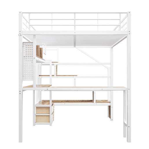 Cama alta 140x200 cm - estrutura em ferro, 2 gavetas, grelha para pendurar objetos, faixa de luz LED, secretária, escada com arrumação, sem colchão - branco