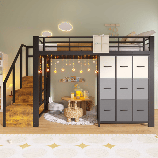 Beliche alto 140 x 200 cm - Com gavetas, barra para roupa, grade de proteção, escada com espaço de arrumação, sem colchão - Preto