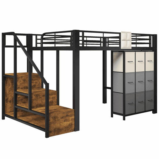 Beliche alto 140 x 200 cm - Com gavetas, barra para roupa, grade de proteção, escada com espaço de arrumação, sem colchão - Preto