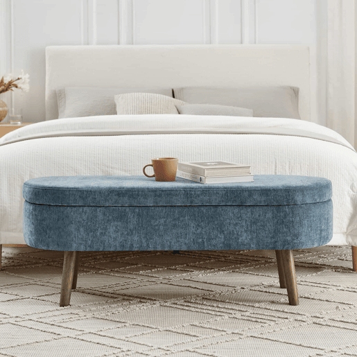 Banco com espaço de arrumação multifuncional 110 x 40 x 42 cm - tecido de chenille macio, pés de madeira, estrutura em madeira maciça, 20 L de arrumação - azul Banco com espaço de arrumação multifuncional 110 x 40 x 42 cm - tecido de chenille macio, pés de madeira, estrutura em madeira maciça, 20 L de arrumação - azul