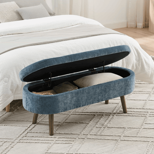 Banco com espaço de arrumação multifuncional 110 x 40 x 42 cm - tecido de chenille macio, pés de madeira, estrutura em madeira maciça, 20 L de arrumação - azul Banco com espaço de arrumação multifuncional 110 x 40 x 42 cm - tecido de chenille macio, pés de madeira, estrutura em madeira maciça, 20 L de arrumação - azul
