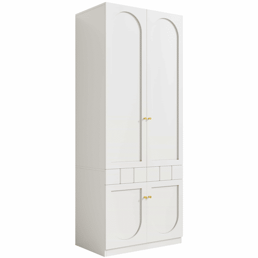 Roupeiro de 2 portas 160×50×200 cm - lacado, com varão para pendurar roupa e gavetas, puxadores metálicos, conjunto de 2 peças - Branco