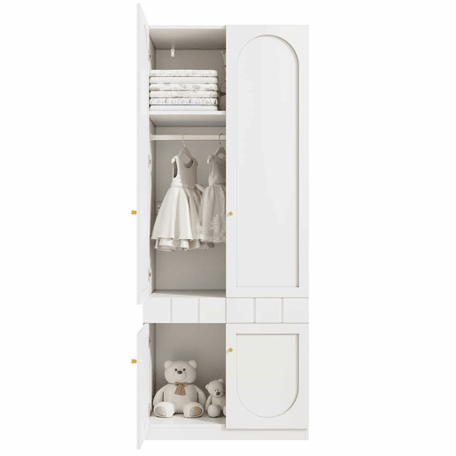 Roupeiro de 2 portas 160×50×200 cm - lacado, com varão para pendurar roupa e gavetas, puxadores metálicos, conjunto de 2 peças - Branco