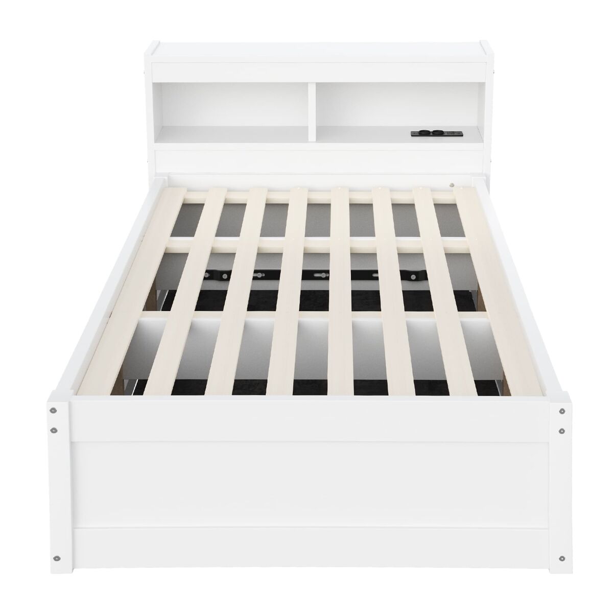 Sofá cama 90x200 cm - enchufe europeo, compartimentos de almacenamiento, tiras led multicolor, mecanismo hidráulico, cama multifuncional de madera
