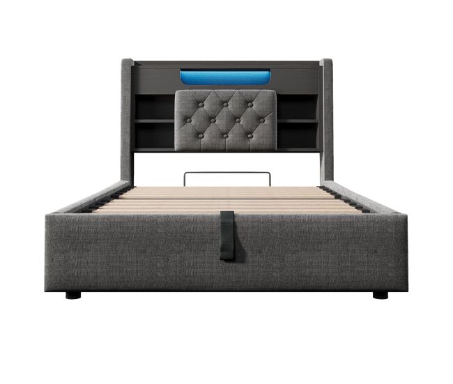 Cama tapizada 90x200 cm - con canapé hidráulico, iluminación led, puerto usb/type-c, cabecero con estantería y almacenamiento - gris