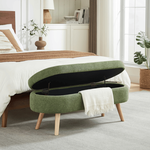 Banco com arrumação de 110 cm - moderno, estofado em chenille, com compartimento para sapatos e multifuncional para o quarto, hall de entrada ou sala de estar - verde