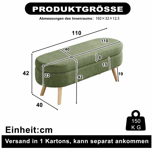 Banco com arrumação de 110 cm - moderno, estofado em chenille, com compartimento para sapatos e multifuncional para o quarto, hall de entrada ou sala de estar - verde