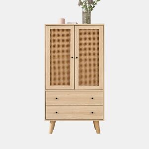 Aparador Alto Cómoda de Sala de Estar Jantar Móvel Auxiliar de Arrumação com 2 Portas de Rotim Estilo Palhinha e 2 Gavetas 60x40x120cm Cor Carvalho