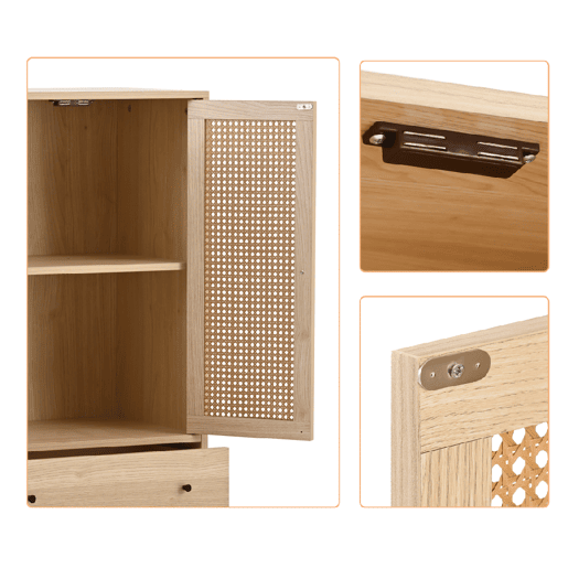 Aparador Alto Cómoda de Sala de Estar Jantar Móvel Auxiliar de Arrumação com 2 Portas de Rotim Estilo Palhinha e 2 Gavetas 60x40x120cm Cor Carvalho
