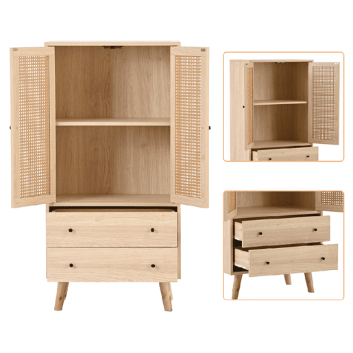 Aparador Alto Cómoda de Sala de Estar Jantar Móvel Auxiliar de Arrumação com 2 Portas de Rotim Estilo Palhinha e 2 Gavetas 60x40x120cm Cor Carvalho