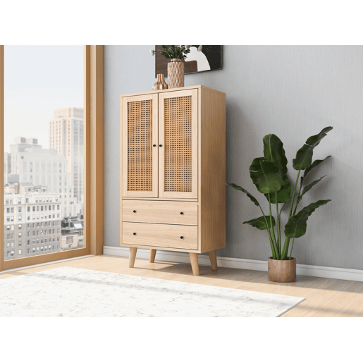 Aparador Alto Cómoda de Sala de Estar Jantar Móvel Auxiliar de Arrumação com 2 Portas de Rotim Estilo Palhinha e 2 Gavetas 60x40x120cm Cor Carvalho