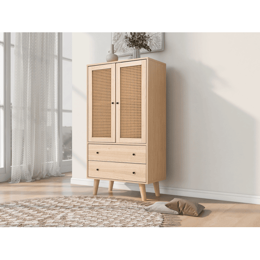 Aparador Alto Cómoda de Sala de Estar Jantar Móvel Auxiliar de Arrumação com 2 Portas de Rotim Estilo Palhinha e 2 Gavetas 60x40x120cm Cor Carvalho