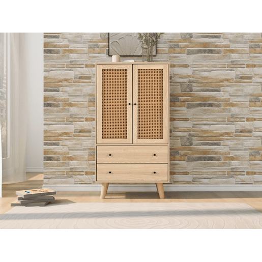 Aparador Alto Cómoda de Sala de Estar Jantar Móvel Auxiliar de Arrumação com 2 Portas de Rotim Estilo Palhinha e 2 Gavetas 60x40x120cm Cor Carvalho