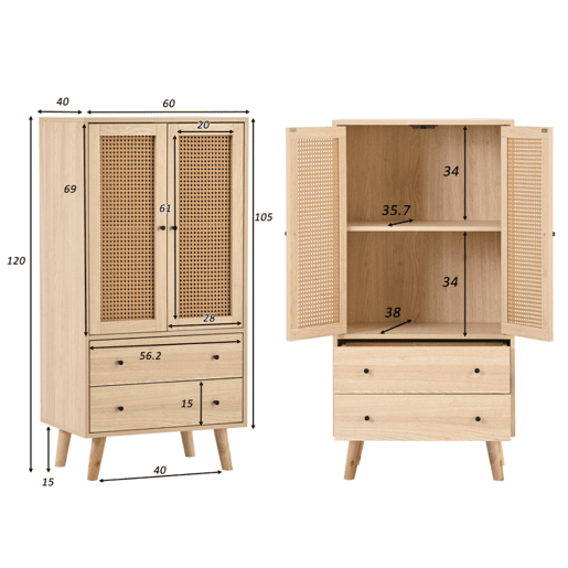 Aparador Alto Cómoda de Sala de Estar Jantar Móvel Auxiliar de Arrumação com 2 Portas de Rotim Estilo Palhinha e 2 Gavetas 60x40x120cm Cor Carvalho