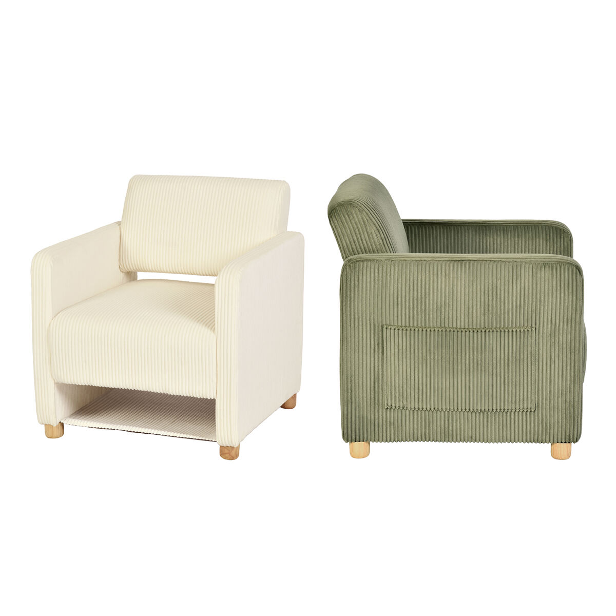 Pack de 2 sillones acolchados con asiento amplio y reposabrazos, en pana, patas de madera maciza, beige + verde