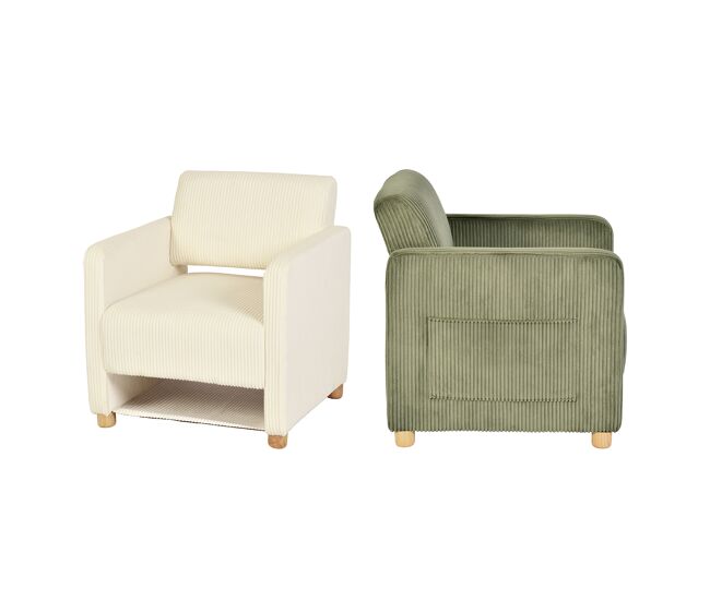Pack de 2 sillones acolchados con asiento amplio y reposabrazos, en pana, patas de madera maciza, beige + verde