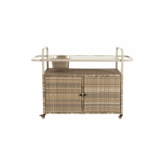 Mesa de bar para exterior - carrinho de vime com armário, rodas bloqueáveis, cubo para gelo e cesto lateral - bege