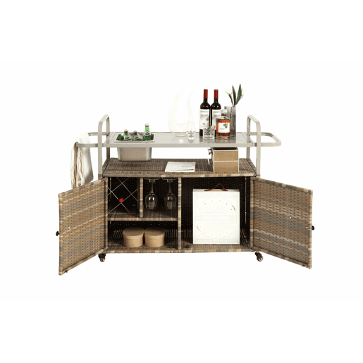 Mesa de bar para exterior - carrinho de vime com armário, rodas bloqueáveis, cubo para gelo e cesto lateral - bege