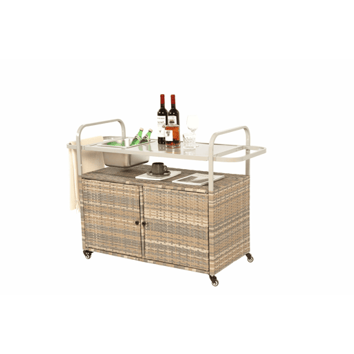 Mesa de bar para exterior - carrinho de vime com armário, rodas bloqueáveis, cubo para gelo e cesto lateral - bege