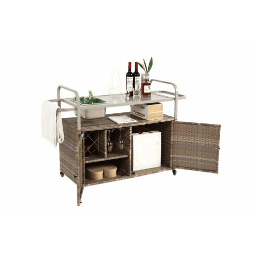 Mesa de bar para exterior - carrinho de vime com armário, rodas bloqueáveis, cubo para gelo e cesto lateral - bege