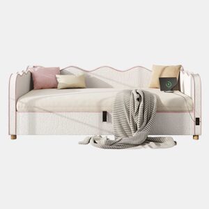 Sofá-cama tipo daybed 90 x 200 cm - arrumação com sistema hidráulico, porta USB, encosto, estofo em bouclé - bege
