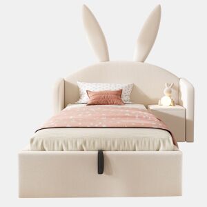Cama juvenil 90 x 200 cm - com baú hidráulico, mesinha e design com orelhas de coelho, estofada em veludo - bege