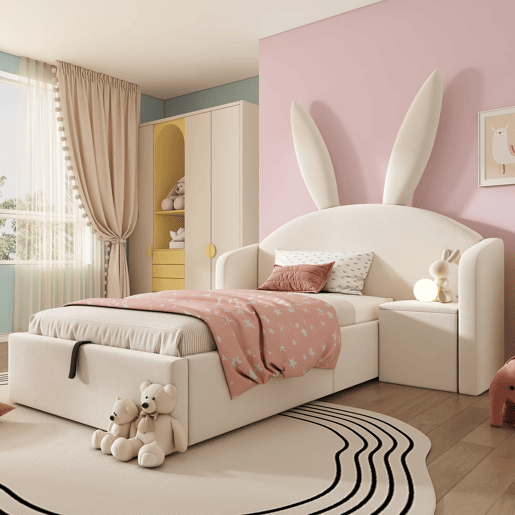 Cama juvenil 90 x 200 cm - com baú hidráulico, mesinha e design com orelhas de coelho, estofada em veludo - bege Cama juvenil 90 x 200 cm - com baú hidráulico, mesinha e design com orelhas de coelho, estofada em veludo - bege