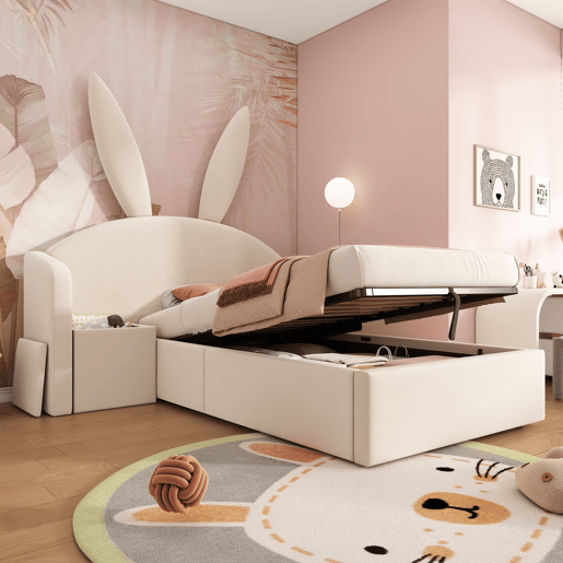 Cama juvenil 90 x 200 cm - com baú hidráulico, mesinha e design com orelhas de coelho, estofada em veludo - bege Cama juvenil 90 x 200 cm - com baú hidráulico, mesinha e design com orelhas de coelho, estofada em veludo - bege