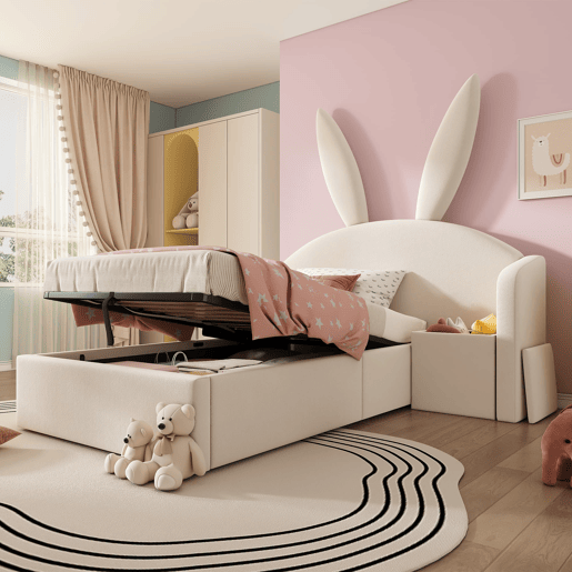 Cama juvenil 90 x 200 cm - com baú hidráulico, mesinha e design com orelhas de coelho, estofada em veludo - bege Cama juvenil 90 x 200 cm - com baú hidráulico, mesinha e design com orelhas de coelho, estofada em veludo - bege