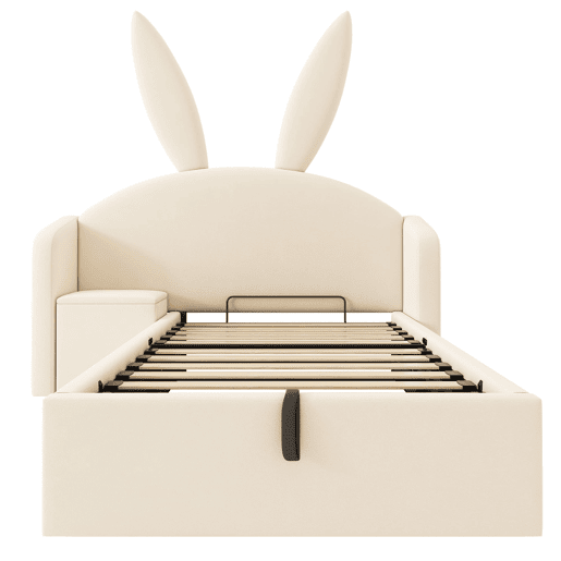 Cama juvenil 90 x 200 cm - com baú hidráulico, mesinha e design com orelhas de coelho, estofada em veludo - bege Cama juvenil 90 x 200 cm - com baú hidráulico, mesinha e design com orelhas de coelho, estofada em veludo - bege