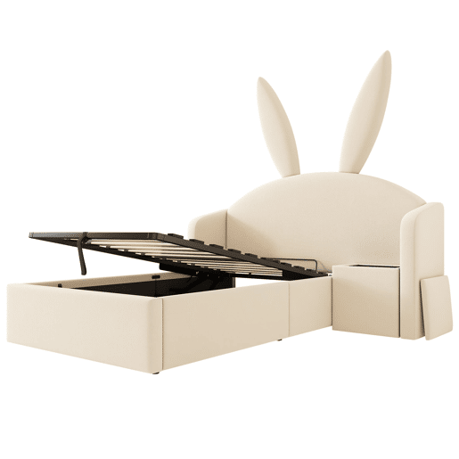 Cama juvenil 90 x 200 cm - com baú hidráulico, mesinha e design com orelhas de coelho, estofada em veludo - bege Cama juvenil 90 x 200 cm - com baú hidráulico, mesinha e design com orelhas de coelho, estofada em veludo - bege
