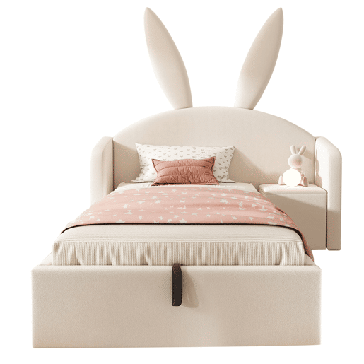 Cama estofada 90 x 190 cm - cabeceira com orelhas de coelho, arrumação hidráulica e mesa de cabeceira, veludo - bege Cama estofada 90 x 190 cm - cabeceira com orelhas de coelho, arrumação hidráulica e mesa de cabeceira, veludo - bege