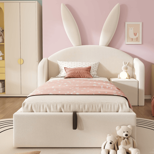 Cama estofada 90 x 190 cm - cabeceira com orelhas de coelho, arrumação hidráulica e mesa de cabeceira, veludo - bege Cama estofada 90 x 190 cm - cabeceira com orelhas de coelho, arrumação hidráulica e mesa de cabeceira, veludo - bege
