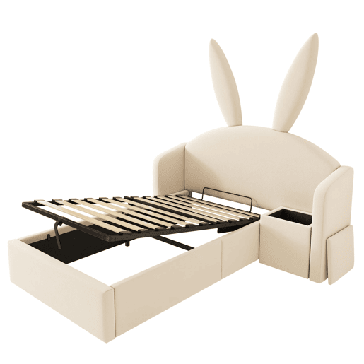 Cama estofada 90 x 190 cm - cabeceira com orelhas de coelho, arrumação hidráulica e mesa de cabeceira, veludo - bege Cama estofada 90 x 190 cm - cabeceira com orelhas de coelho, arrumação hidráulica e mesa de cabeceira, veludo - bege