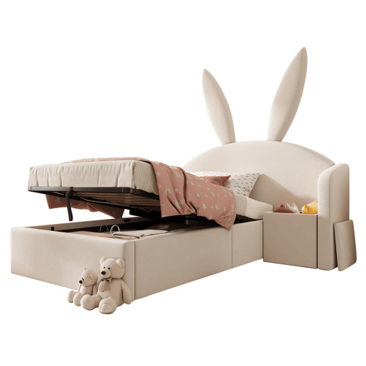 Cama estofada 90 x 190 cm - cabeceira com orelhas de coelho, arrumação hidráulica e mesa de cabeceira, veludo - bege Cama estofada 90 x 190 cm - cabeceira com orelhas de coelho, arrumação hidráulica e mesa de cabeceira, veludo - bege