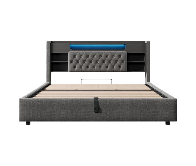 Cama tapizada 180x200 cm - con canapé hidráulico, led, usb/type-c, cabecero con estantería y almacenamiento - gris