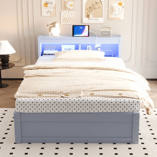 Sofá-cama 90 x 200 cm - tomada europeia integrada, vários compartimentos de arrumação, fitas de luzes LED multicoloridas, mecanismo hidráulico de abertura, cama multifuncional em madeira maciça - cinzento Sofá-cama 90 x 200 cm - tomada europeia integrada, vários compartimentos de arrumação, fitas de luzes LED multicoloridas, mecanismo hidráulico de abertura, cama multifuncional em madeira maciça - cinzento
