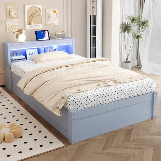 Sofá-cama 90 x 200 cm - tomada europeia integrada, vários compartimentos de arrumação, fitas de luzes LED multicoloridas, mecanismo hidráulico de abertura, cama multifuncional em madeira maciça - cinzento Sofá-cama 90 x 200 cm - tomada europeia integrada, vários compartimentos de arrumação, fitas de luzes LED multicoloridas, mecanismo hidráulico de abertura, cama multifuncional em madeira maciça - cinzento