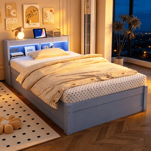 Sofá-cama 90 x 200 cm - tomada europeia integrada, vários compartimentos de arrumação, fitas de luzes LED multicoloridas, mecanismo hidráulico de abertura, cama multifuncional em madeira maciça - cinzento Sofá-cama 90 x 200 cm - tomada europeia integrada, vários compartimentos de arrumação, fitas de luzes LED multicoloridas, mecanismo hidráulico de abertura, cama multifuncional em madeira maciça - cinzento