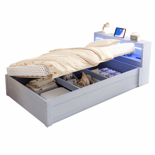Sofá-cama 90 x 200 cm - tomada europeia integrada, vários compartimentos de arrumação, fitas de luzes LED multicoloridas, mecanismo hidráulico de abertura, cama multifuncional em madeira maciça - cinzento Sofá-cama 90 x 200 cm - tomada europeia integrada, vários compartimentos de arrumação, fitas de luzes LED multicoloridas, mecanismo hidráulico de abertura, cama multifuncional em madeira maciça - cinzento