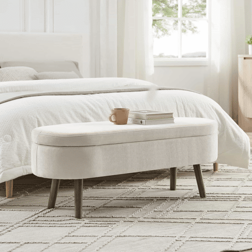 Banco com arrumação multifuncional 110x40x42 cm - tecido de chenille macio, pés de madeira, estrutura em madeira maciça, 20 L de arrumação, uso multifuncional: quarto, sala, sapateira, hall de entrada - Bege