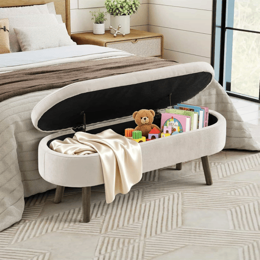 Banco com arrumação multifuncional 110x40x42 cm - tecido de chenille macio, pés de madeira, estrutura em madeira maciça, 20 L de arrumação, uso multifuncional: quarto, sala, sapateira, hall de entrada - Bege