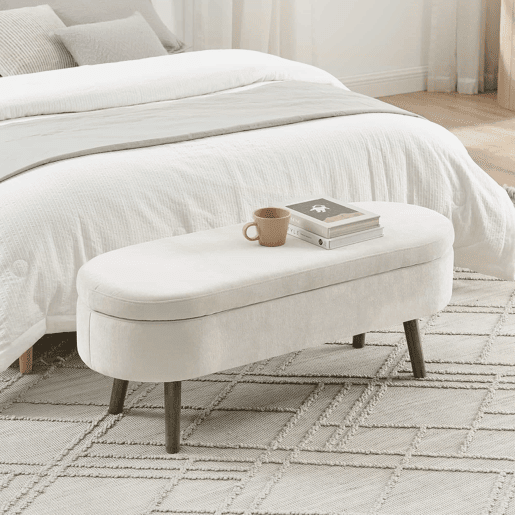 Banco com arrumação multifuncional 110x40x42 cm - tecido de chenille macio, pés de madeira, estrutura em madeira maciça, 20 L de arrumação, uso multifuncional: quarto, sala, sapateira, hall de entrada - Bege