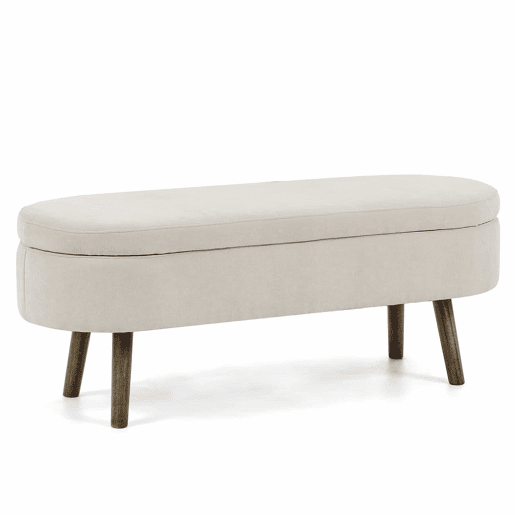 Banco com arrumação multifuncional 110x40x42 cm - tecido de chenille macio, pés de madeira, estrutura em madeira maciça, 20 L de arrumação, uso multifuncional: quarto, sala, sapateira, hall de entrada - Bege