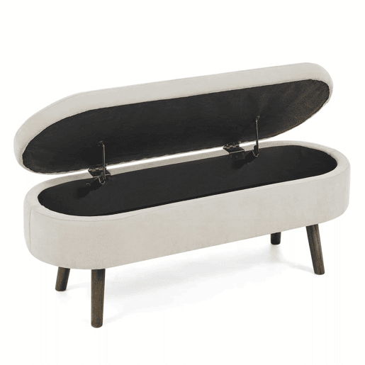 Banco com arrumação multifuncional 110x40x42 cm - tecido de chenille macio, pés de madeira, estrutura em madeira maciça, 20 L de arrumação, uso multifuncional: quarto, sala, sapateira, hall de entrada - Bege