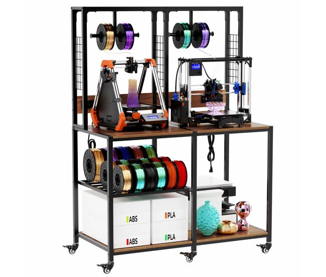 Soporte doble para impresora 3d para 2 impresoras 3d - estructura metálica con almacenamiento de filamento, soporte en t, ruedas bloqueables, mesa de