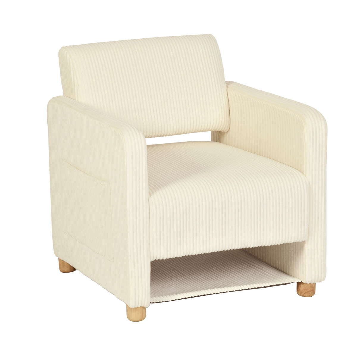 Sillón acolchado con asiento amplio y reposabrazos, en pana, patas de madera maciza, beige